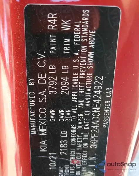 2022 Kia Forte Fe из США, поврежденный, VIN 3KPF24AD0NE424922